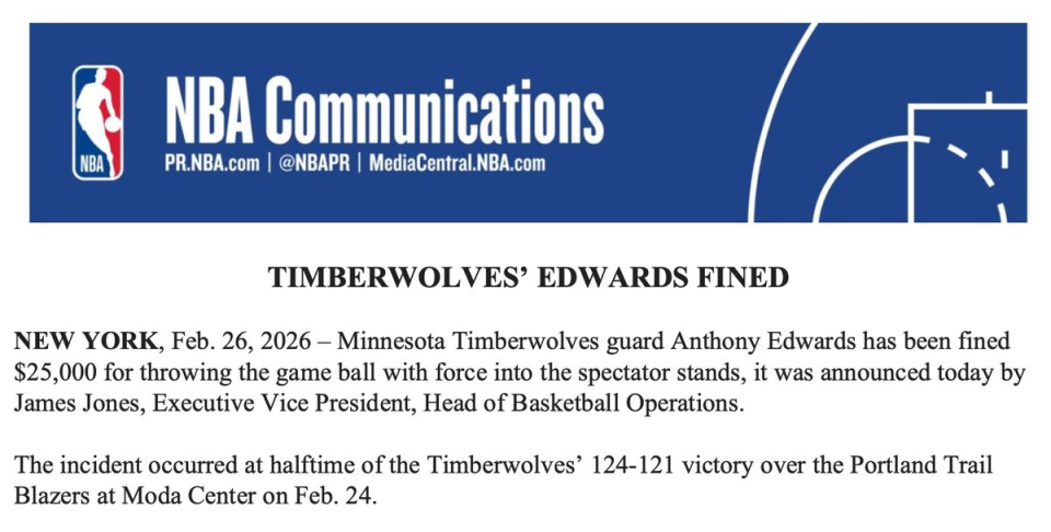 华体会直播公司-NBA官宣两张罚单：华子贝恩用力把球扔向观众席 各罚25000美元